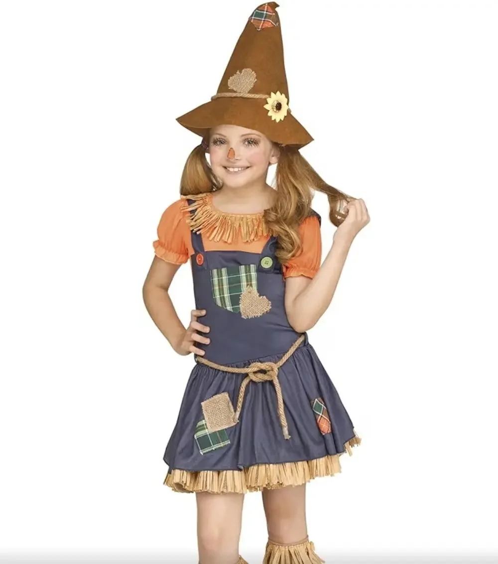 Girls L 10-12 Pumpkin Patchwork Dress Fall Festival Scarecrow Halloween Costume